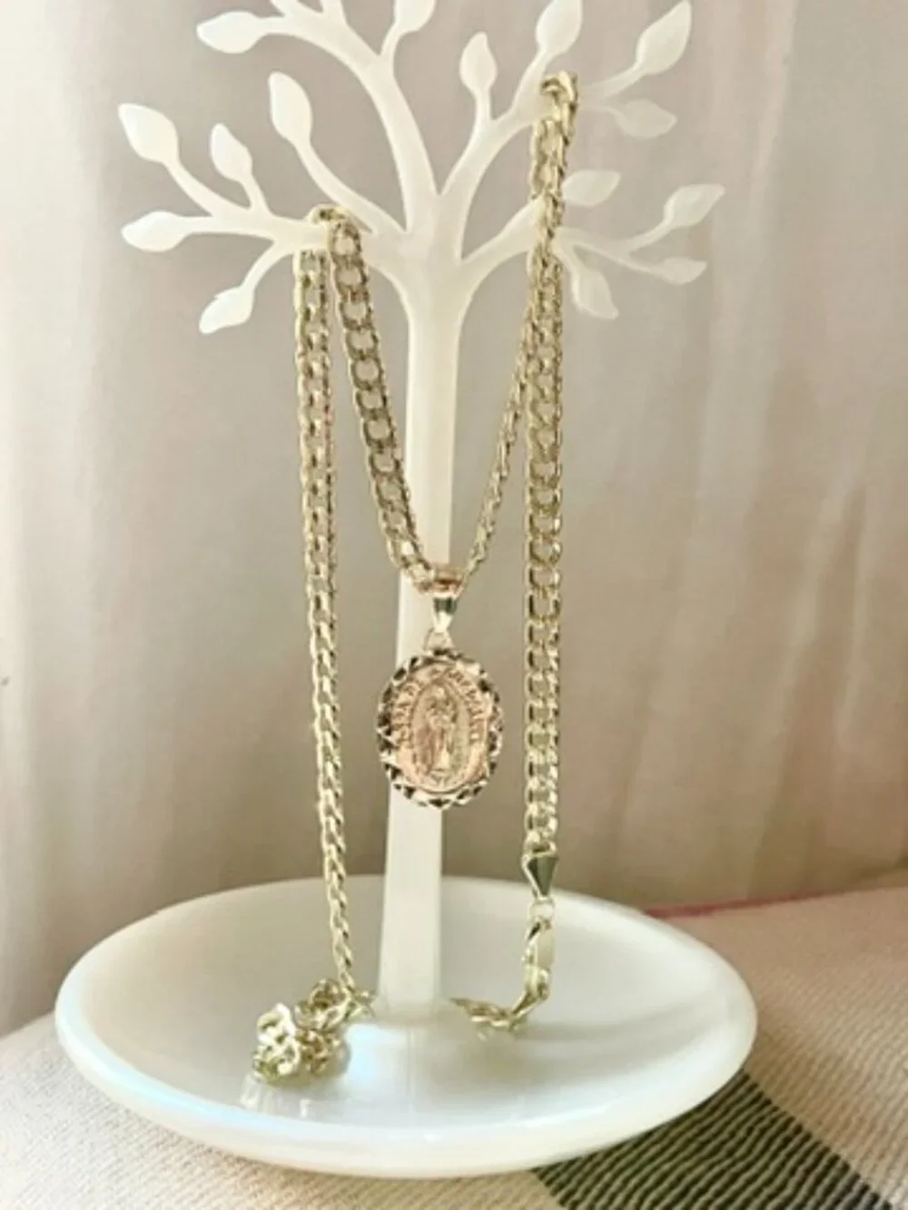 New Quality Laminated Gold Curb Link Chain & Virgen de Guadalupe Medallion Set